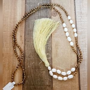Zacasha Boho Faceted Crystal and Pearl Tassel Drop Necklace Copper Brown Wheat